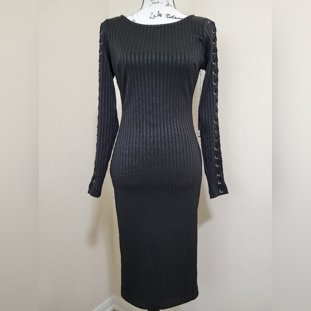 NWT•Jennifer Lopez Edgy Romance Lace-Up Ribbed Sleeve Dress•Black Tie Style•2⬛